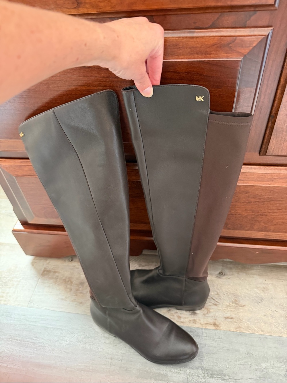 Michael Kors Dark Brown Over-the-Knee Leather & Stretch Boots with Gold MK